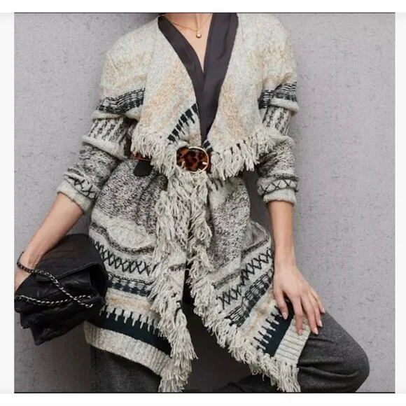 CABI Shetland Fringe Drape Front Oversized Waterfall Cardigan Sweater Size Small - Picture 11 of 11